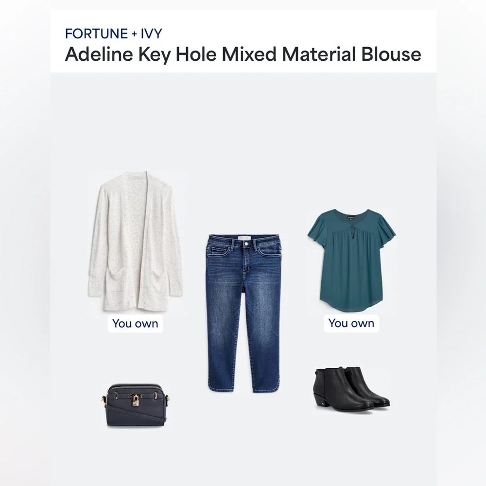 FORTUNE + IVY Adeline Key Hole Mixed Material Blouse blue women’s XL stitch fix - Picture 7 of 12